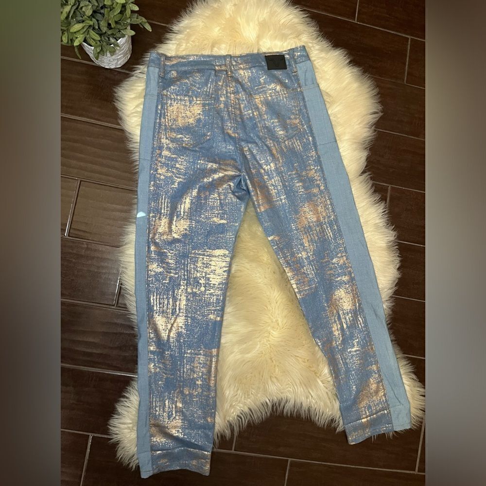 L&B Lucky & Blessed boyfriend denim and Gold shimmer pants sz 12